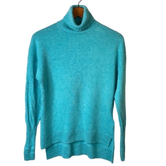 J Crew New! Wool Blend High Low Tunic Turtleneck Sweater Long Sleeve Turquoise - Picture 1 of 15